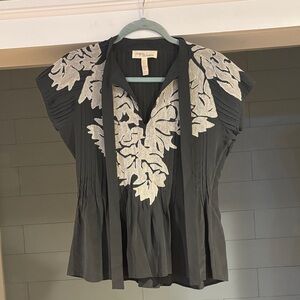 Project Alabama Silk Charcoal Blouse with Ivory Leaf Design